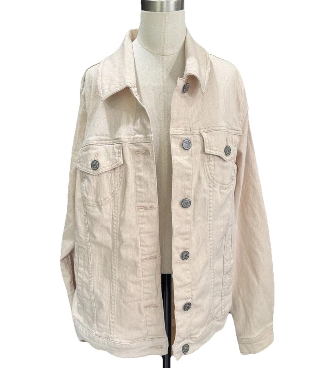 Torrid NWT Destructed Denim Trucker Jacket Cream 2X 18/20 Plus Size stretch